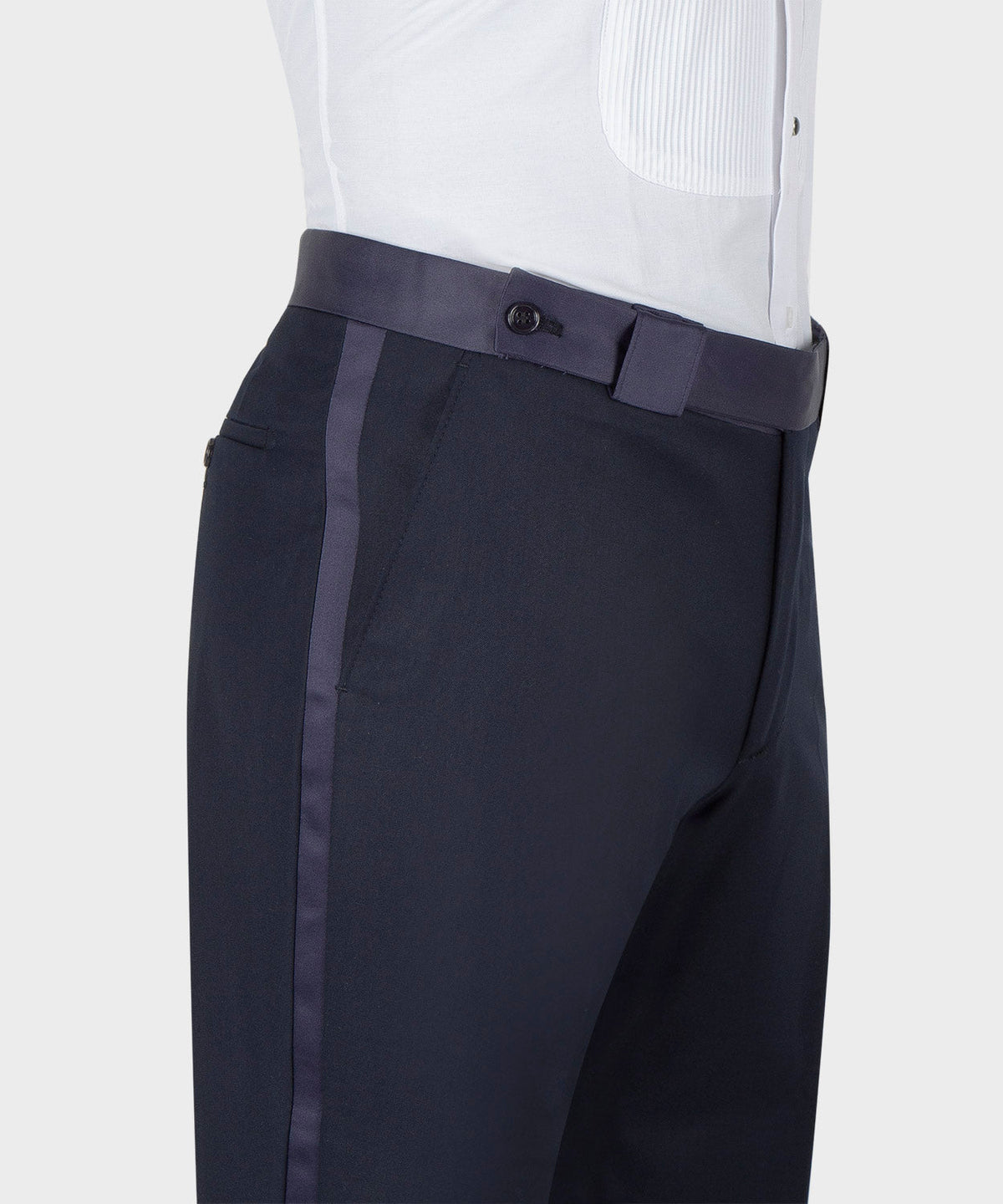 Navy tuxedo trousers with adjustable waistband and side stripe detail