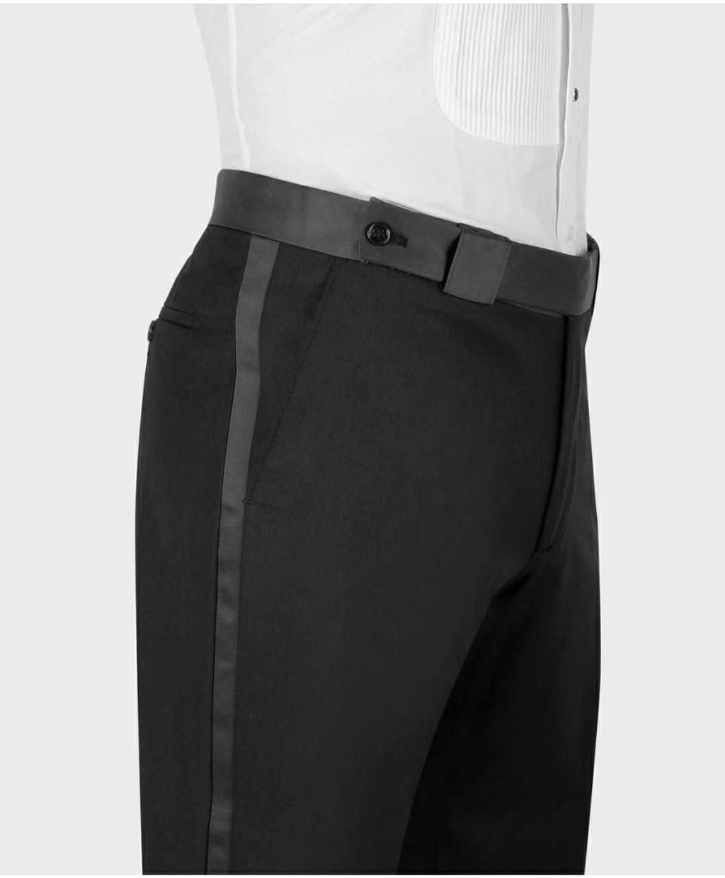 Black tuxedo trousers with side stripe detail and button waistband