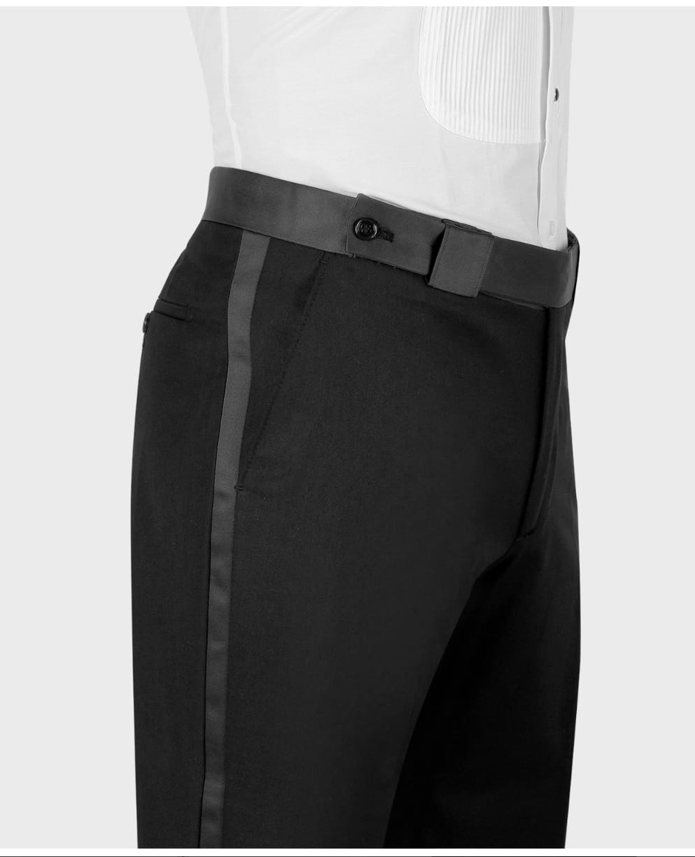 Black tuxedo trousers with satin side stripe and front waistband button