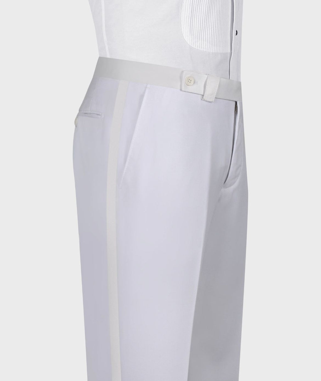 White tuxedo trousers with front pleats, button waistband, side pocket view