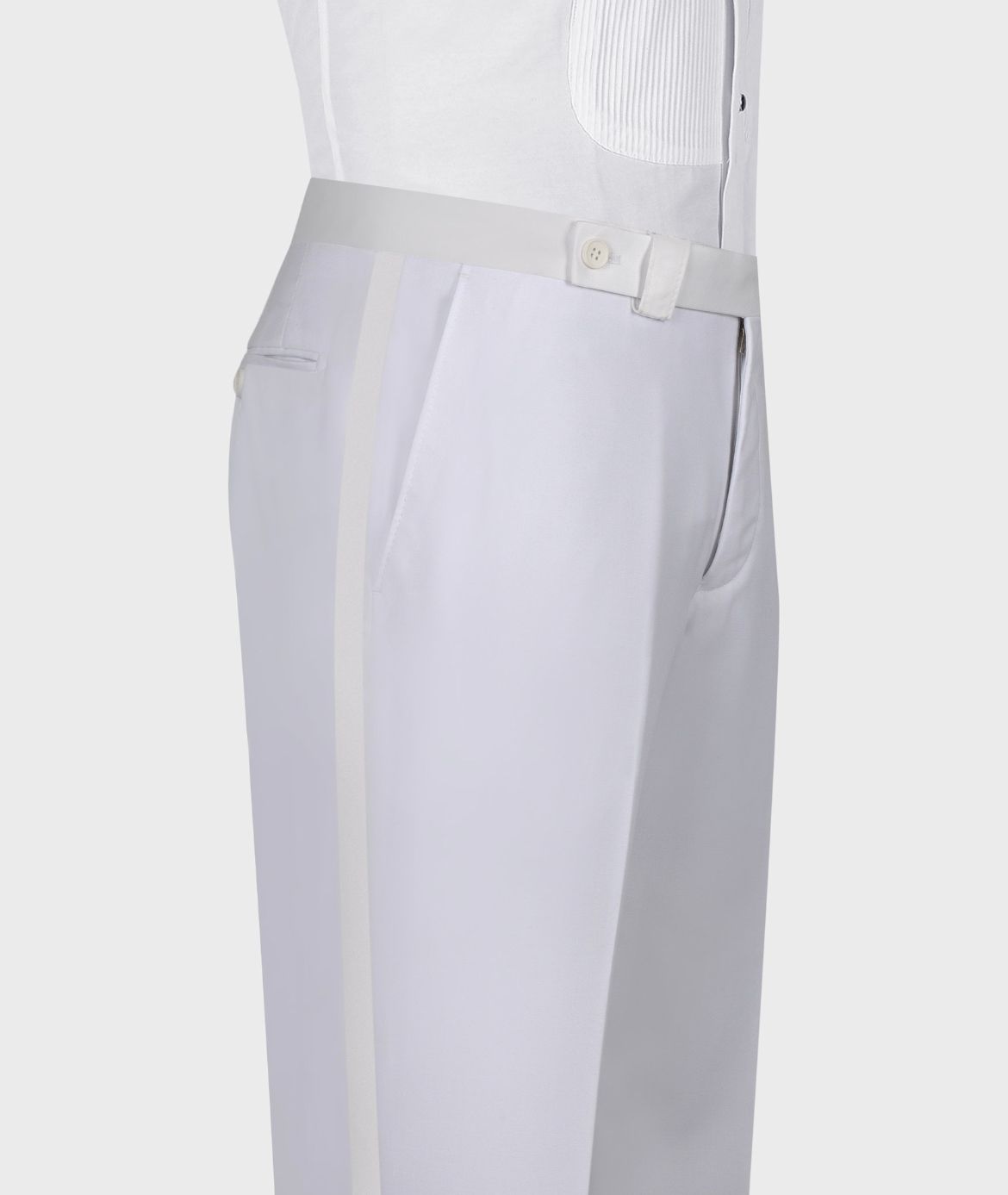 White tuxedo trousers with waistband button, front pleats, and slanted side pockets