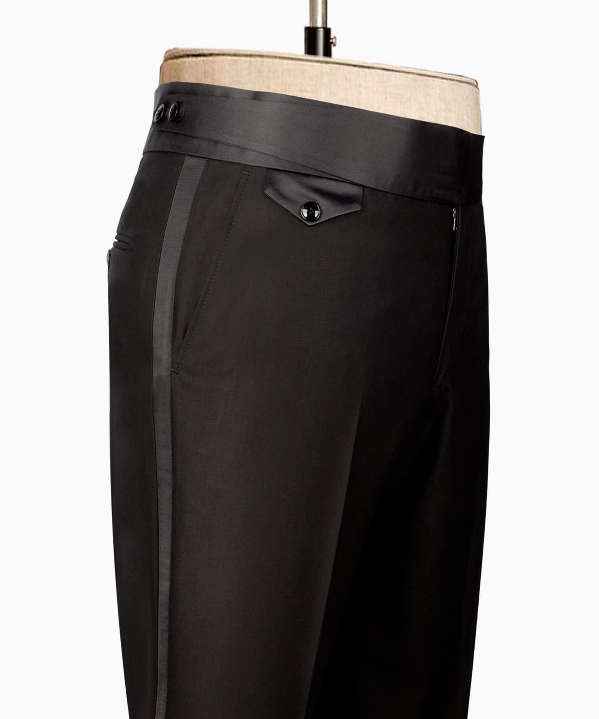 Black tailored dress pants with flat-front design and belt loops