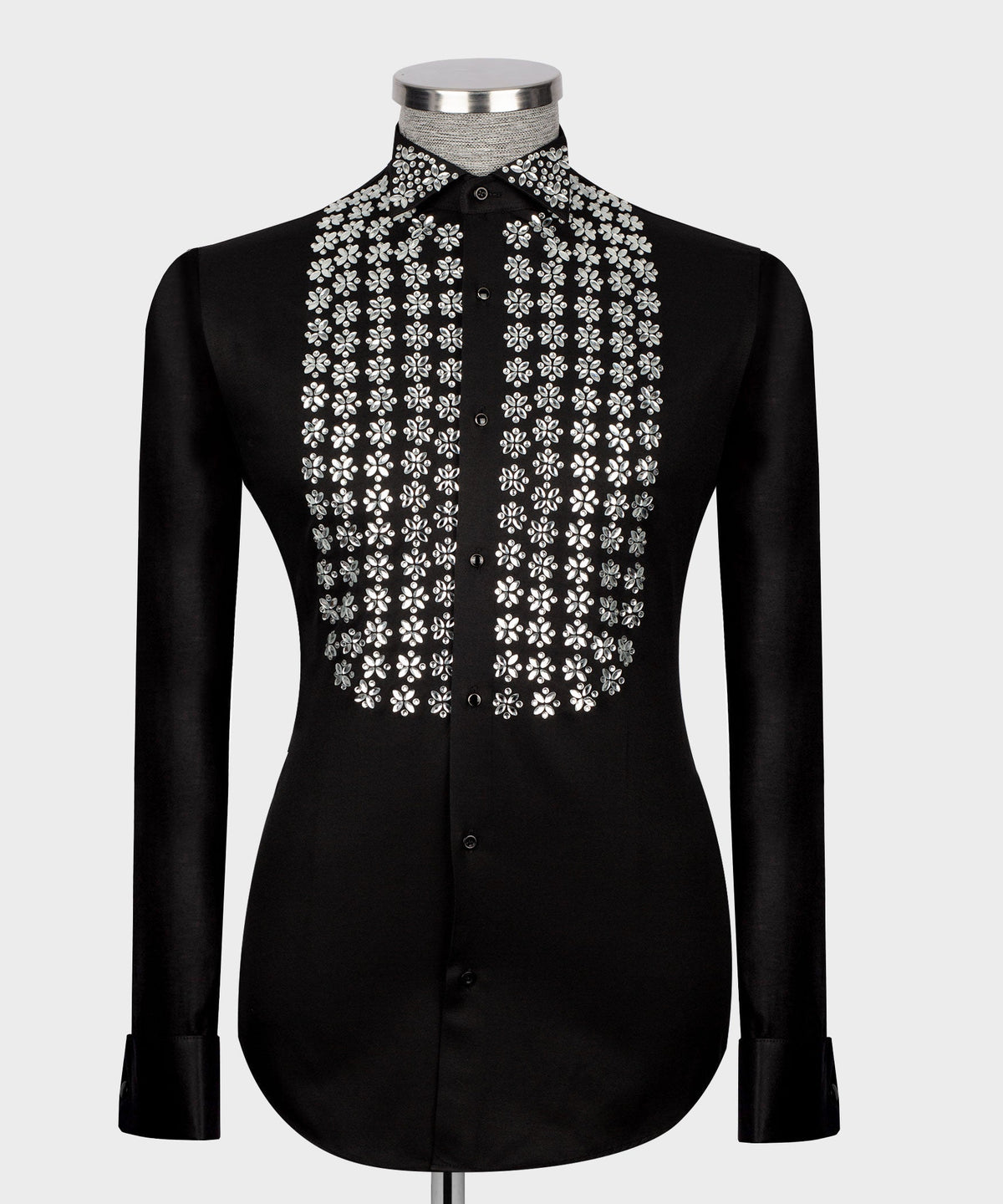 Men's luxury black dress shirt featuring silver crystal floral studded embellishments on the chest and collar, styled for US prom and red carpet events.